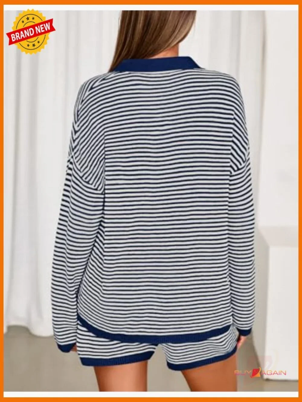 2 Piece Lounge Set Long Sleeve Striped Top & Shorts Matching Outfit Loungewear